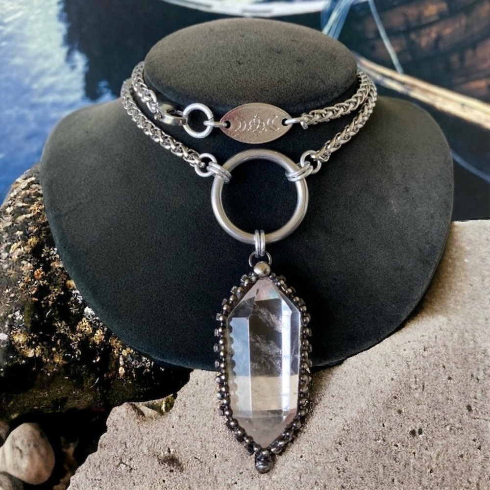 Natural Crystal quartz black electroplated boho goth stainless steel necklace